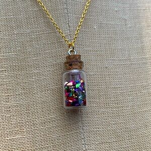 NWT Glass Bottle with Shard Confetti Necklace with Sterling Silver Plated Chain